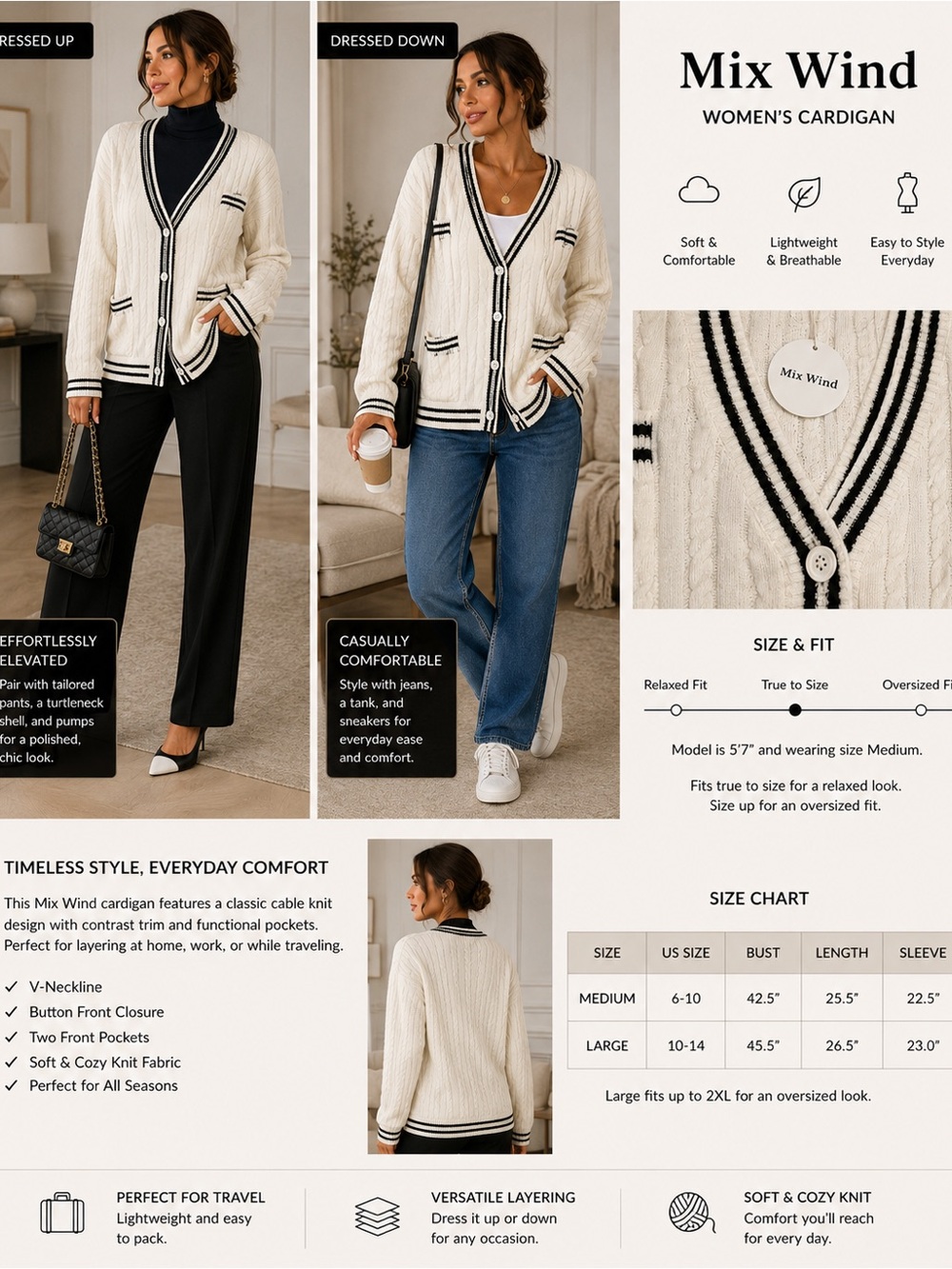 Women's Cardigan - Cream with Black Trim